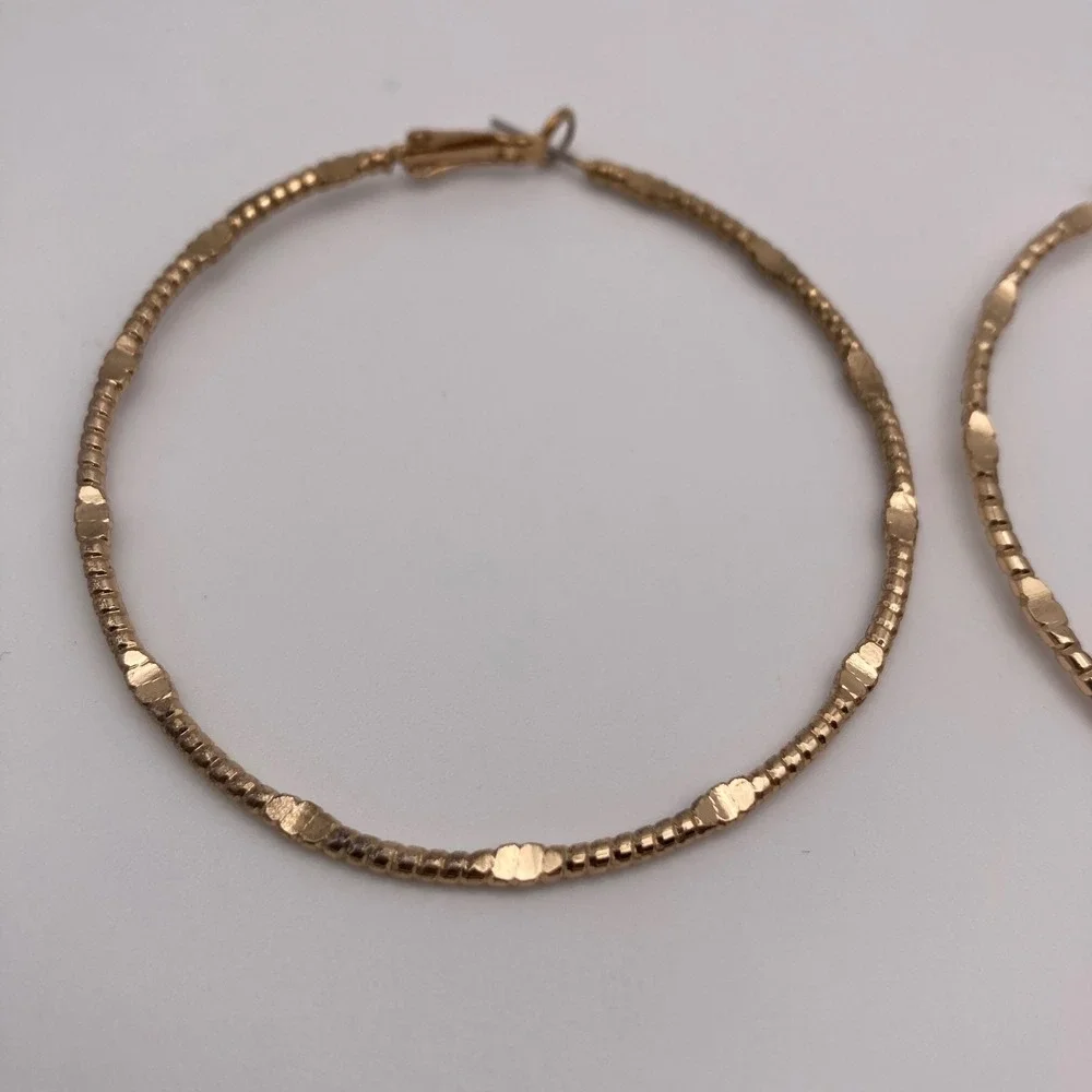 Gold Tone Textured Beaded Hoop Earrings Oversized 2.5 Inch Costume Jewelry
